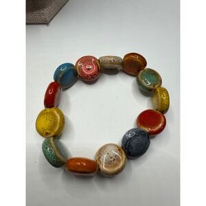 Multicolor Ceramic Bead Stretch Bracelet Handcrafted Glazed Pottery Boho Jewelry